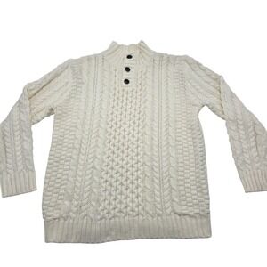 Cream Cable Knit Button Neck Mock Neck Sweater X Large Cotton Acrylic Blend